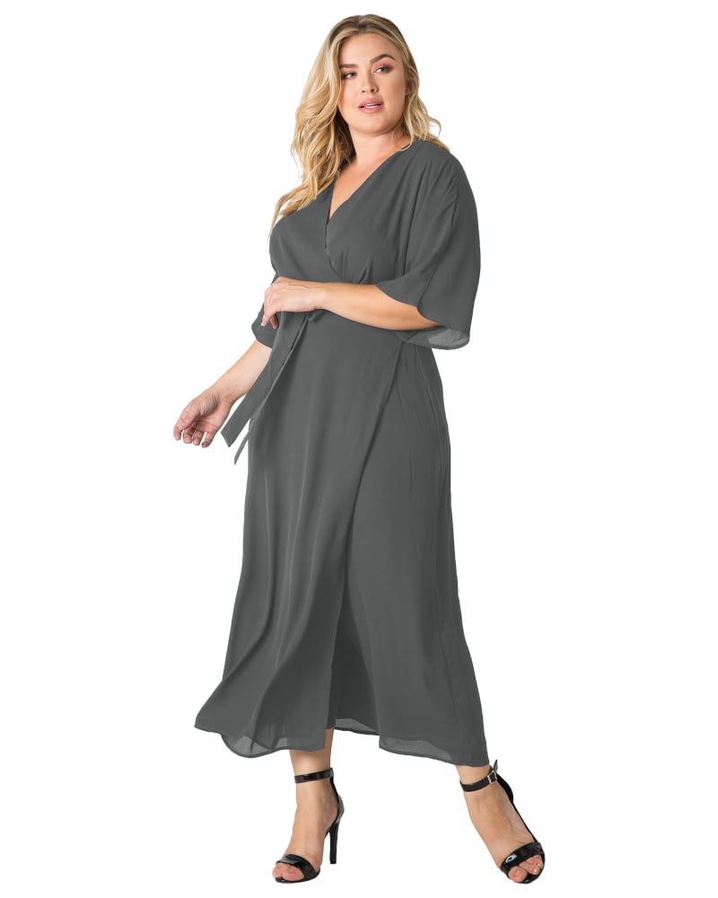 Front of a model wearing a size 1X Aubrey Kimono Wrap Maxi Dress in SMOKEGREY by Standards & Practices. | dia_product_style_image_id:280520